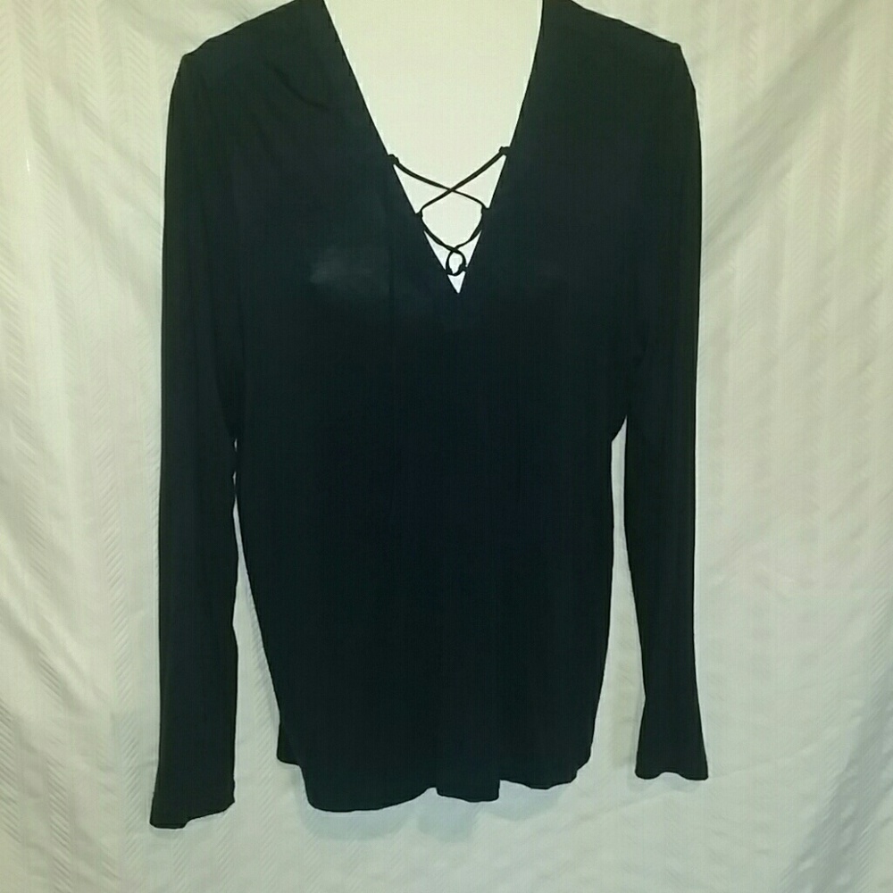 Navy VNECK Blouse w Lace Up detail